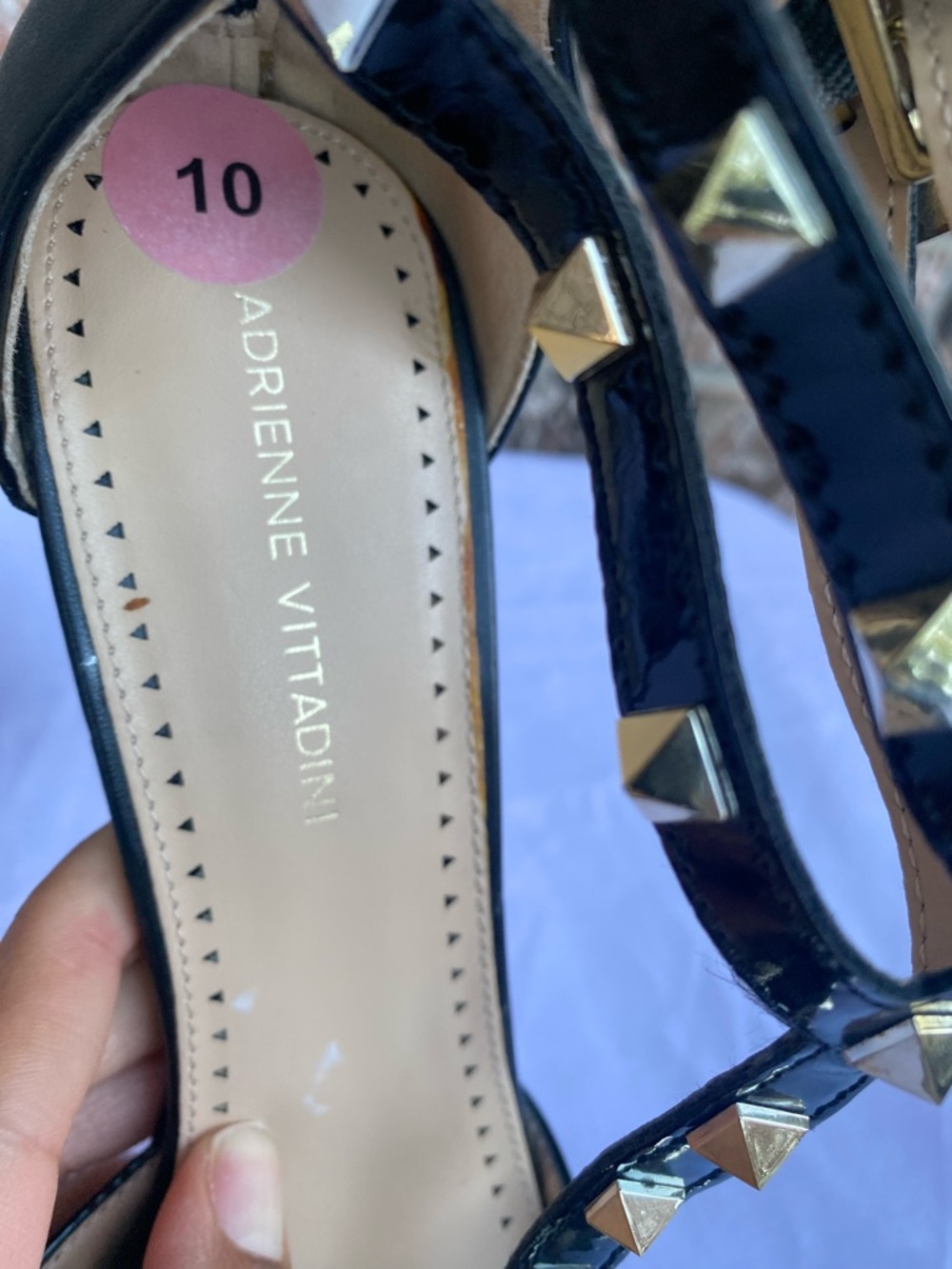 Adrienne Vittadini Black Pointed T-Strap Studded Block Heels - Picture 2 of 9